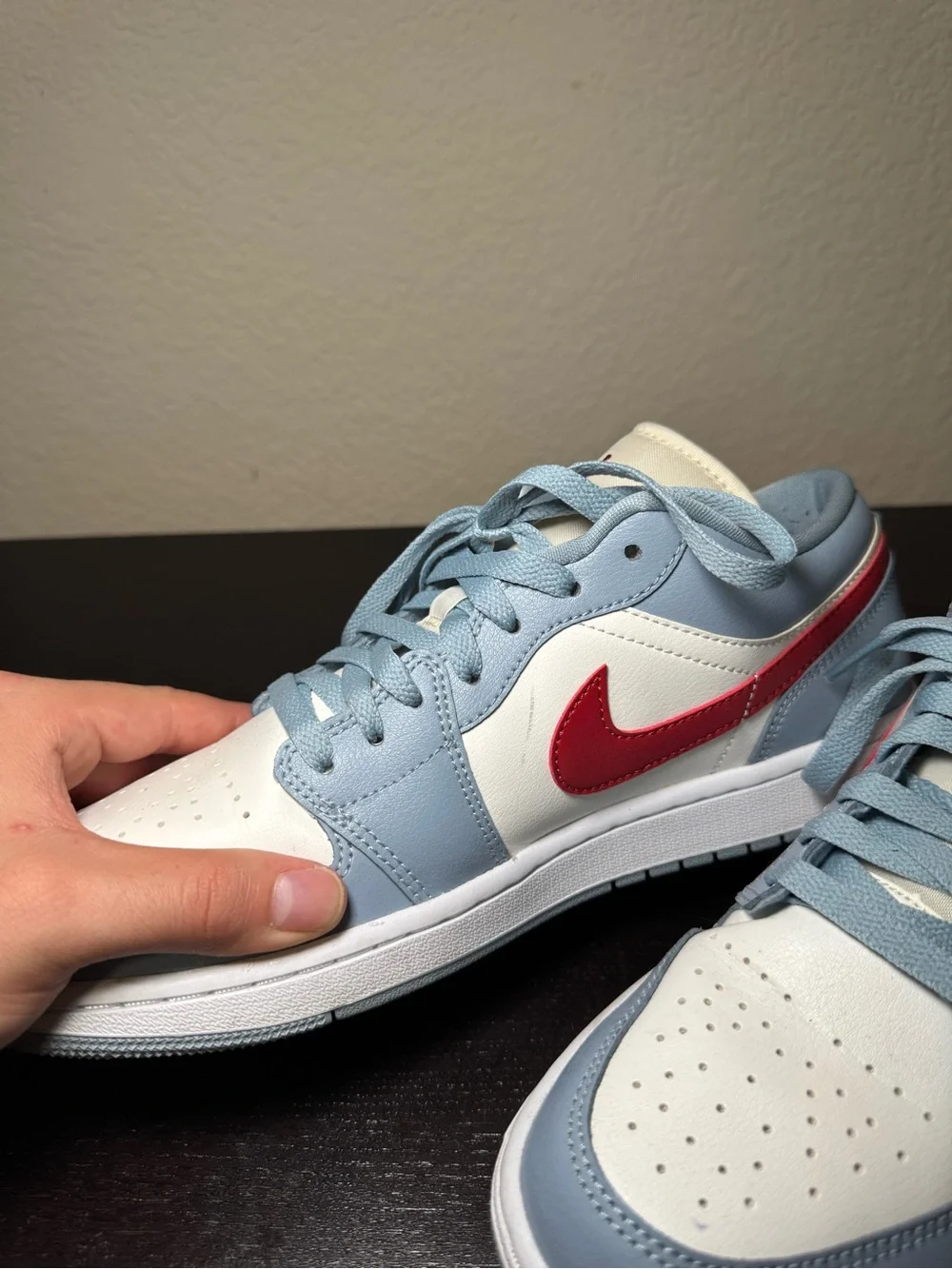 Nike Air Jordan 1 Low - Light Blue, White & Red Swoosh